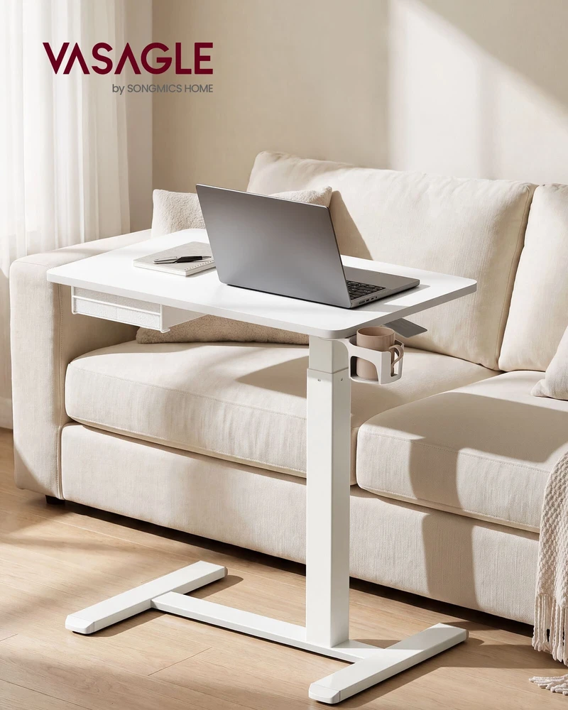 Songmics Reguliuojamo aukščio pagalbinis stalas su stalčiumi, baltas, 70 x 45 x 65–102 cm