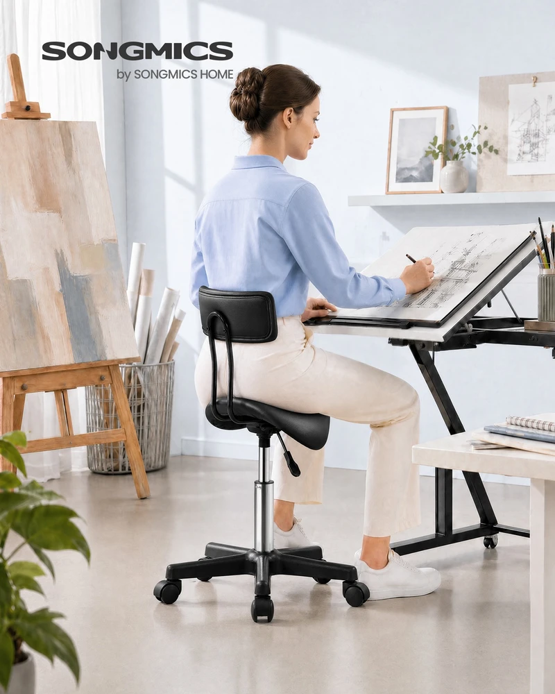 Songmics Balno formos taburetė, juodos spalvos PU oda, aukštis reguliuojamas, 56x56x68,5-82,5 cm