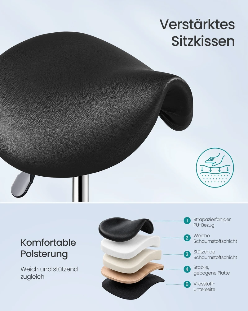 Songmics Balno formos taburetė, juodos spalvos PU oda, aukštis reguliuojamas, 56x56x68,5-82,5 cm