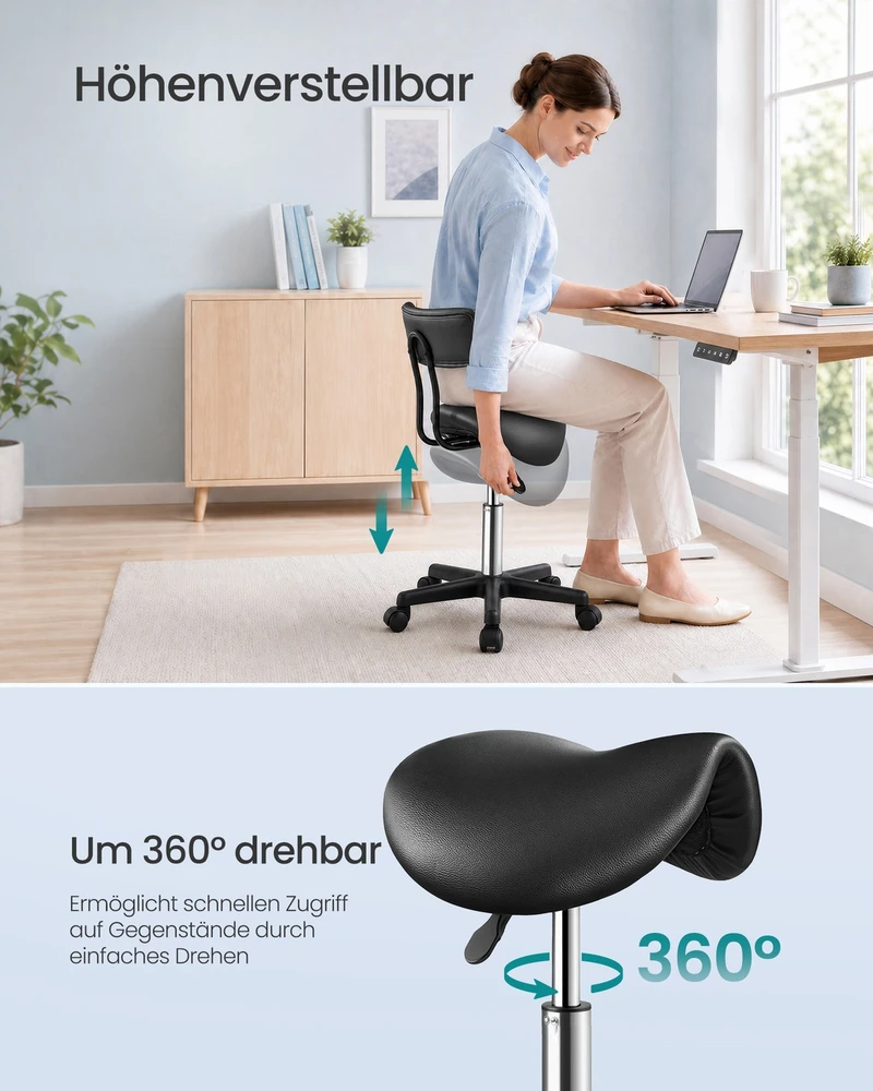 Songmics Balno formos taburetė, juodos spalvos PU oda, aukštis reguliuojamas, 56x56x68,5-82,5 cm