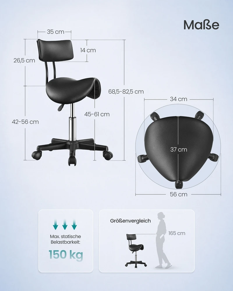 Songmics Balno formos taburetė, juodos spalvos PU oda, aukštis reguliuojamas, 56x56x68,5-82,5 cm