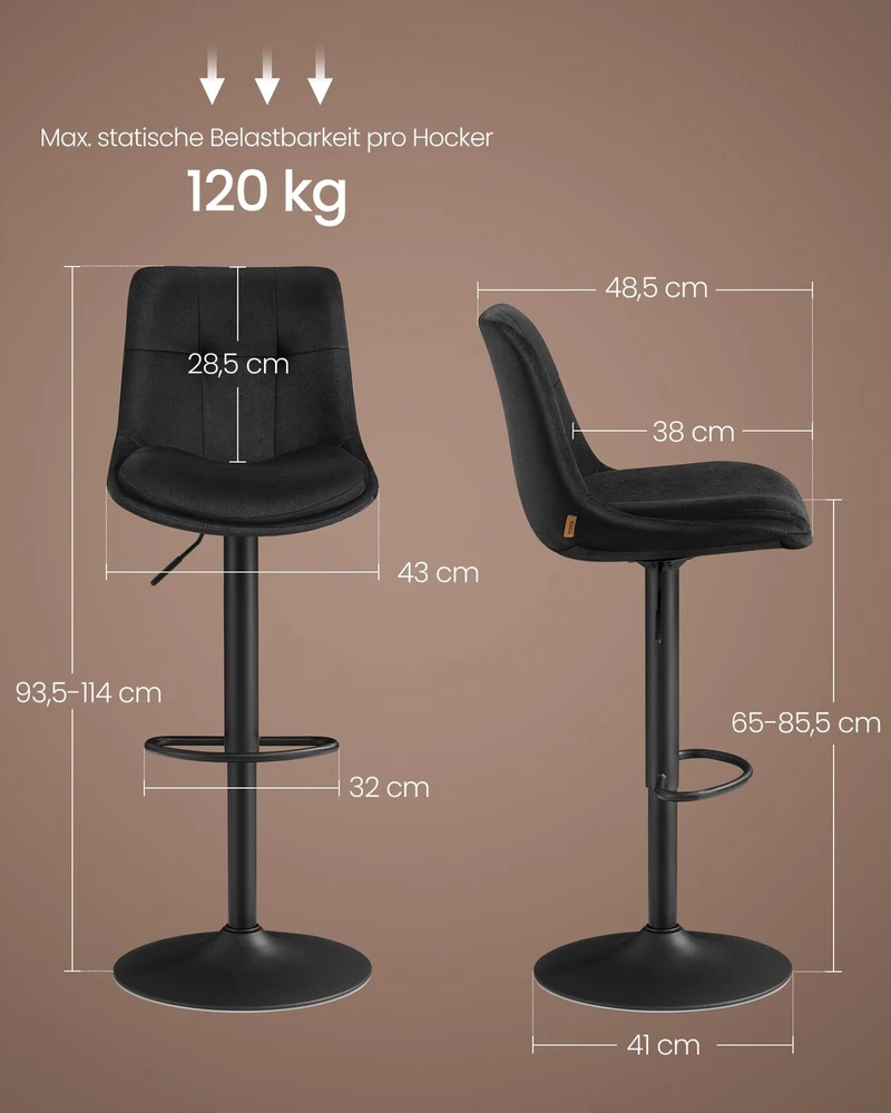 Songmics Baro kėdės 2 vnt. iš aksomo, aukščio reguliavimas, juoda