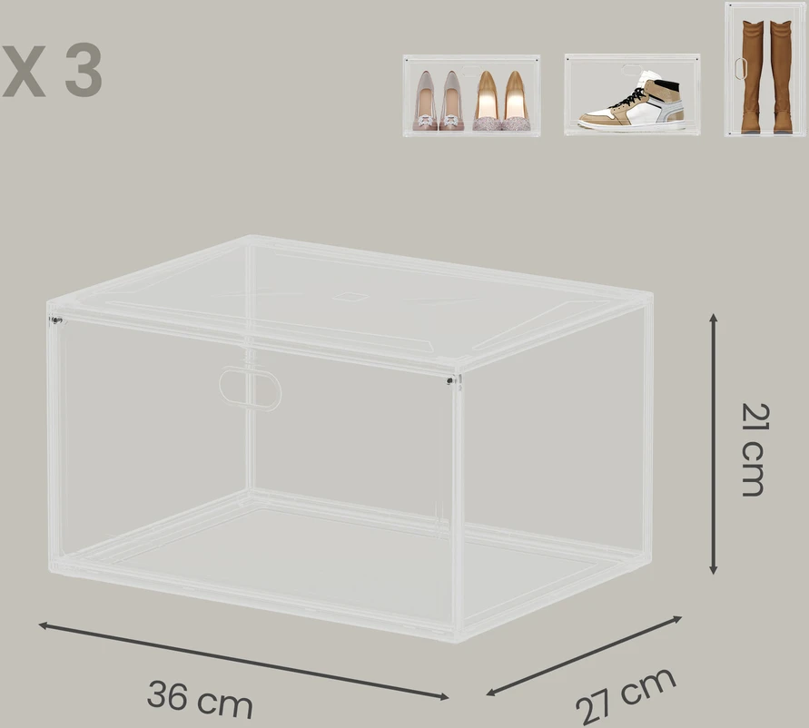 Songmics Batai laikymo dėžių rinkinys 3 vnt. 36x27x21 cm skaidrus plastikas