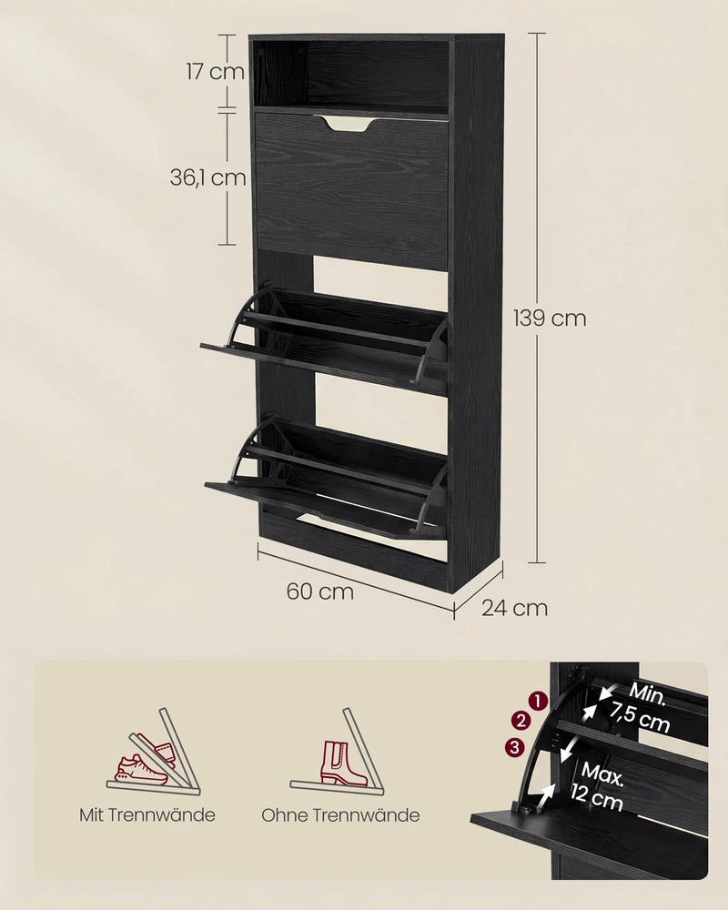 Vasagle Batų spintelė, atviras skyrius, reguliuojama juodmedžio juodumo juoda