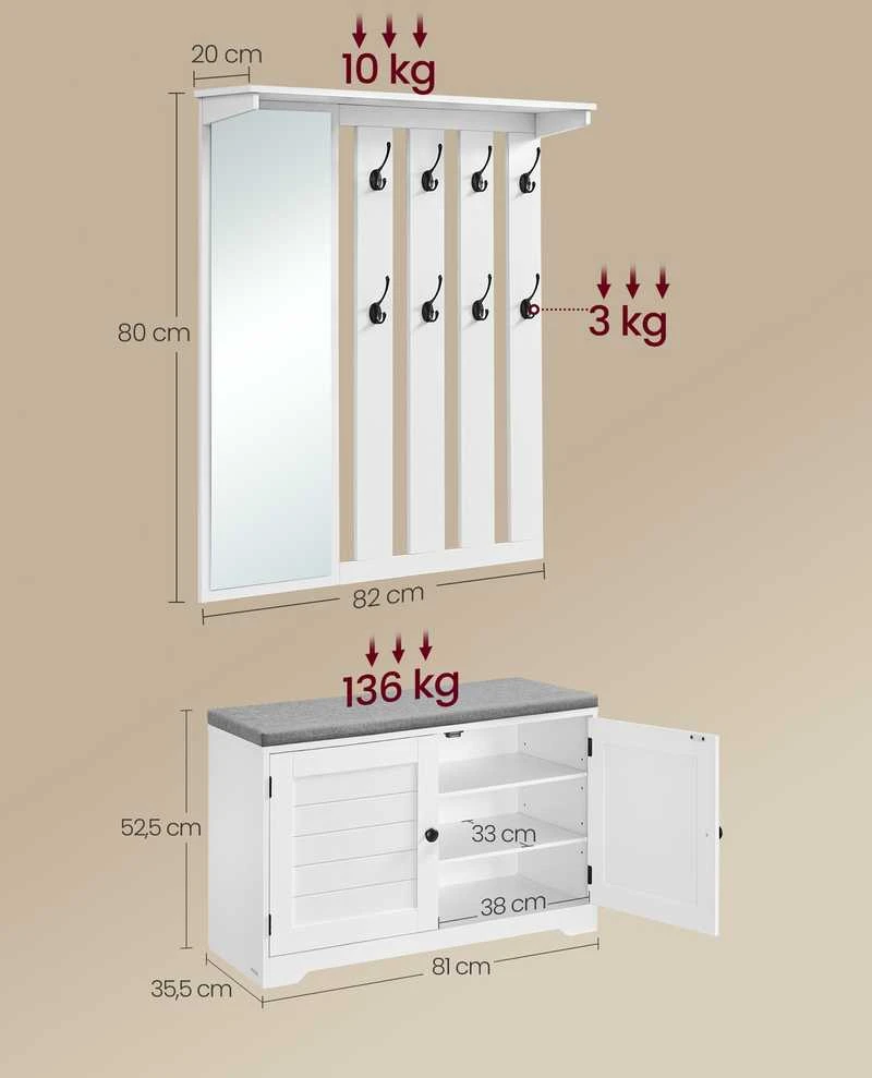 Songmics Vasagle Avalynės suolelis sieninis drabužių stovas su 8 dvigubais kabliukais 82 cm pločio