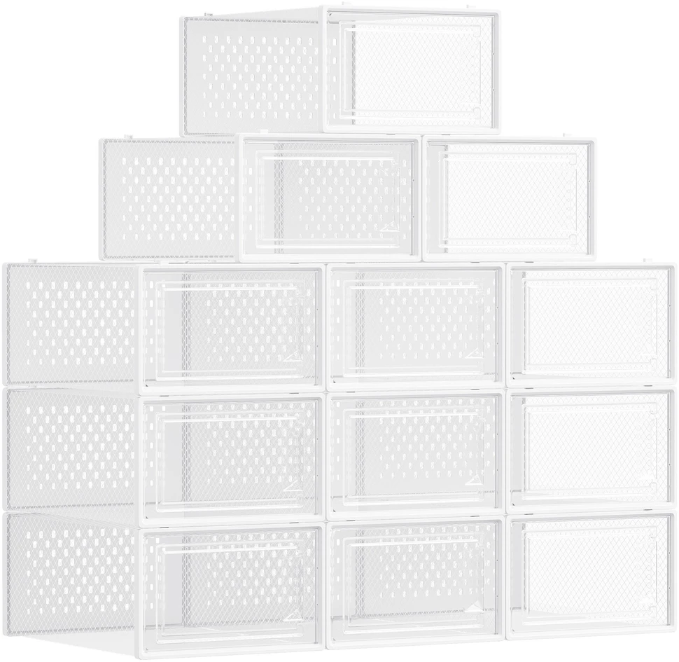 Songmics Batų dėžės su durelėmis, skaidrios baltos, 33,5 × 23,2 × 14,3 cm, 12 vnt.