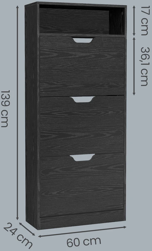 Vasagle Batų spintelė 3 durelės juoda 24 x 60 x 139 cm