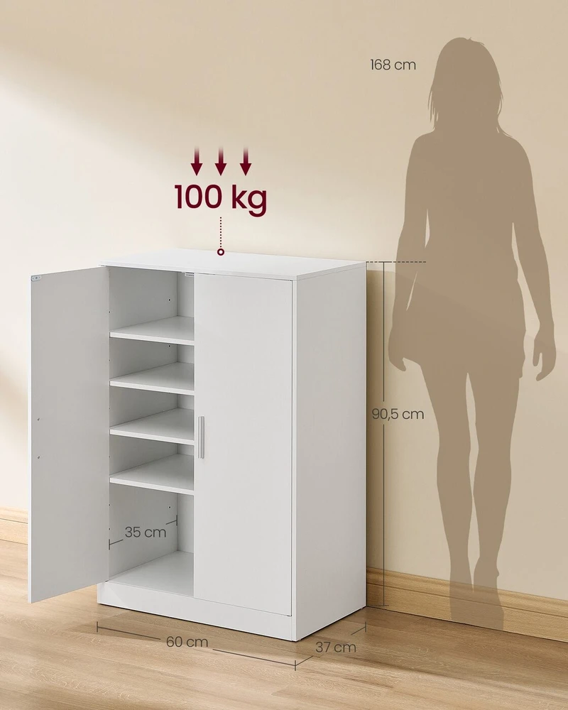Songmics Batų spintelė su reguliuojamomis lentynomis ir 2 durimis, balta, 36 x 60 x 90,4 cm