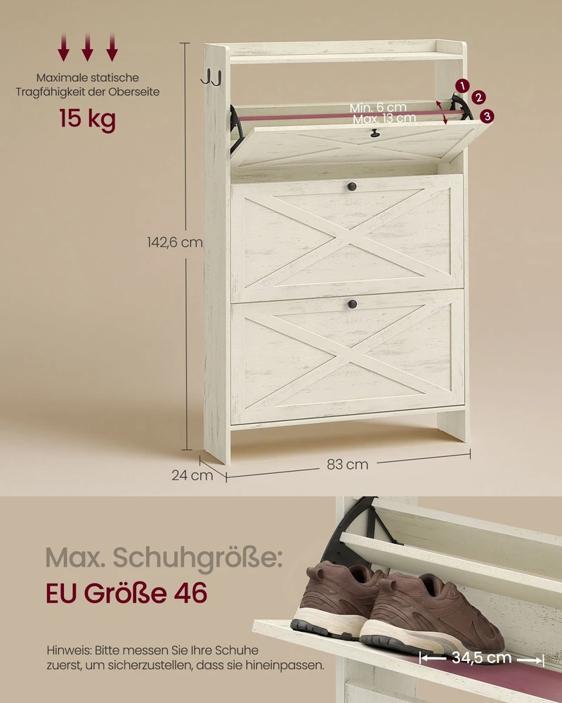 Songmics Batų spintelė su 3 atverčiamais skyriais, 24 poroms, rustikinės baltos spalvos, 83 x 24 x 142,6 cm