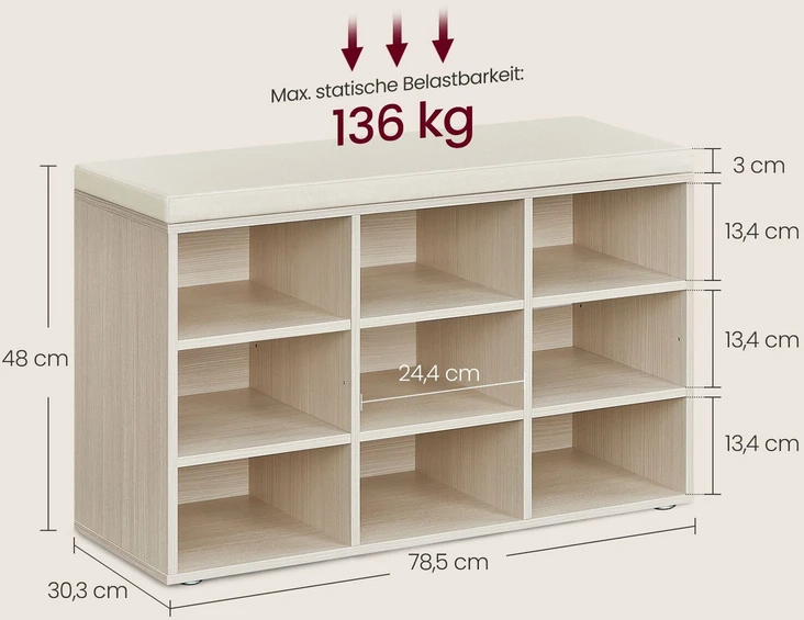 Songmics Vasagle Batų lentyna su sėdyne 30,3 x 78,5 x 48 cm natūralios smėlio spalvos