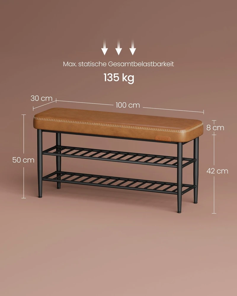 Vasagle EKHO kolekcijos batų suoliukas su siūlėmis 30 x 100 x 50 cm, karamelės spalvos, rudas