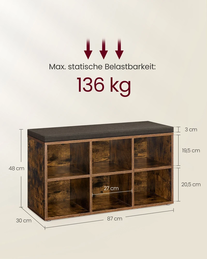 Songmics Vasagle Batų lentyna su sėdyne 30 x 87 x 48 cm vintažinė rudai pilka