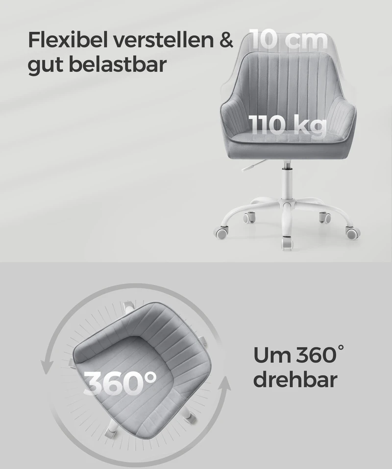 Songmics Biuro kėdė su aksominiu užvalkalu, reguliuojamo aukščio, balandžių pilkos spalvos