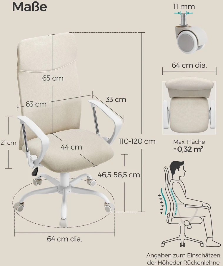 Songmics Biuro kėdė, minkšta, reguliuojamo aukščio ir pasvirimo, kapučino smėlio spalvos