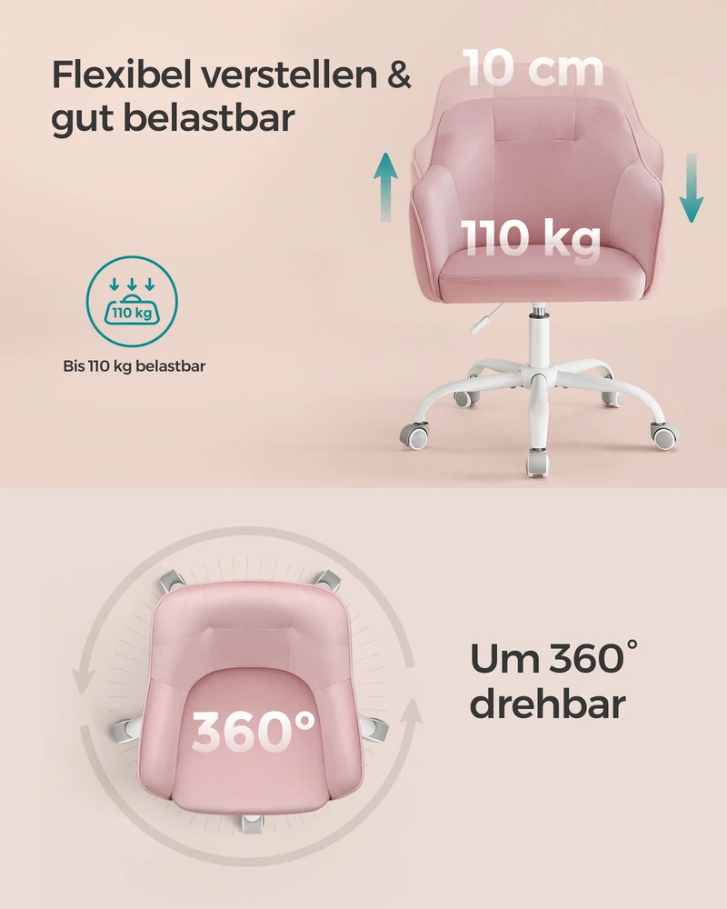 Songmics Biuro kėdė iki 110 kg pastelinės rožinės spalvos