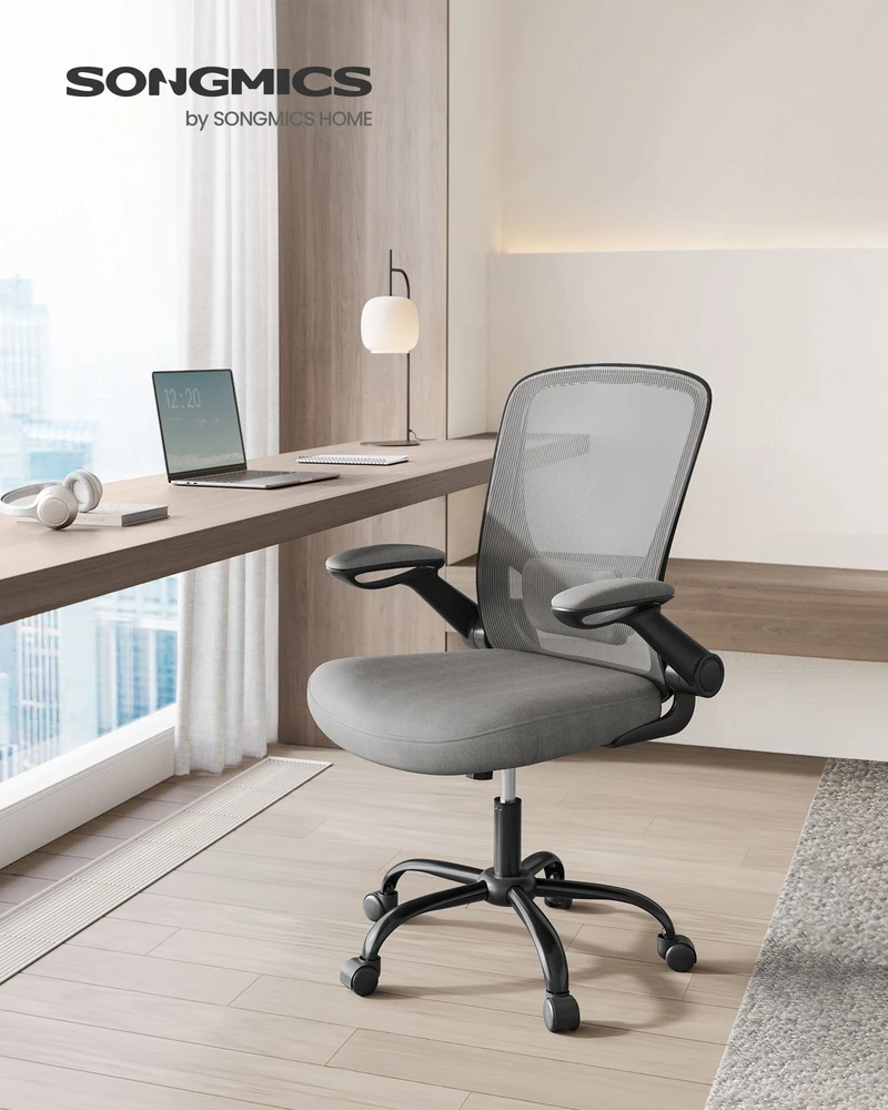 Songmics Biuro kėdė su ergonomine supimo funkcija, porankiais, balandiškai pilka
