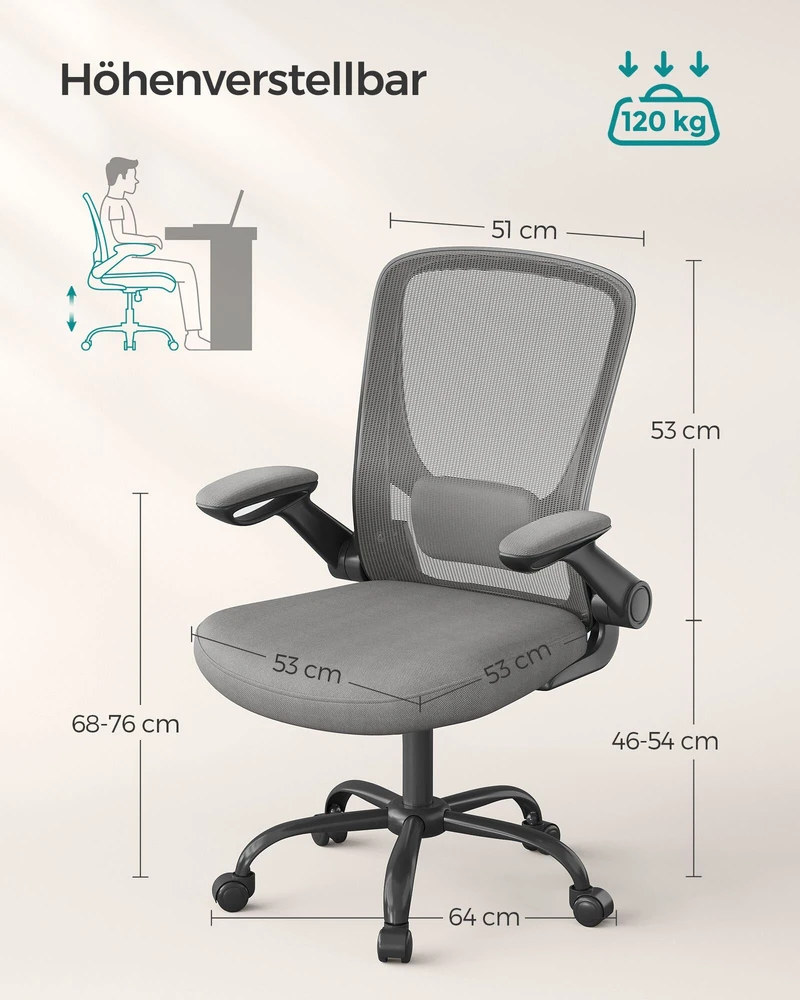 Songmics Biuro kėdė su ergonomine supimo funkcija, porankiais, balandiškai pilka