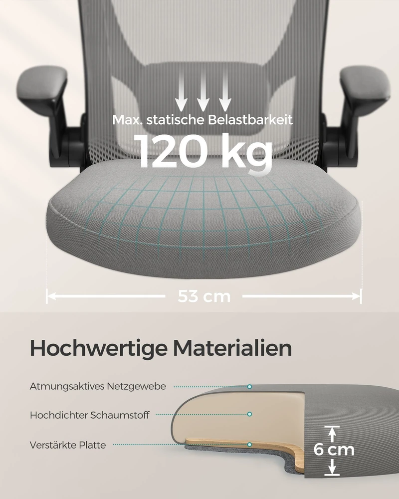 Songmics Biuro kėdė su ergonomine supimo funkcija, porankiais, balandiškai pilka