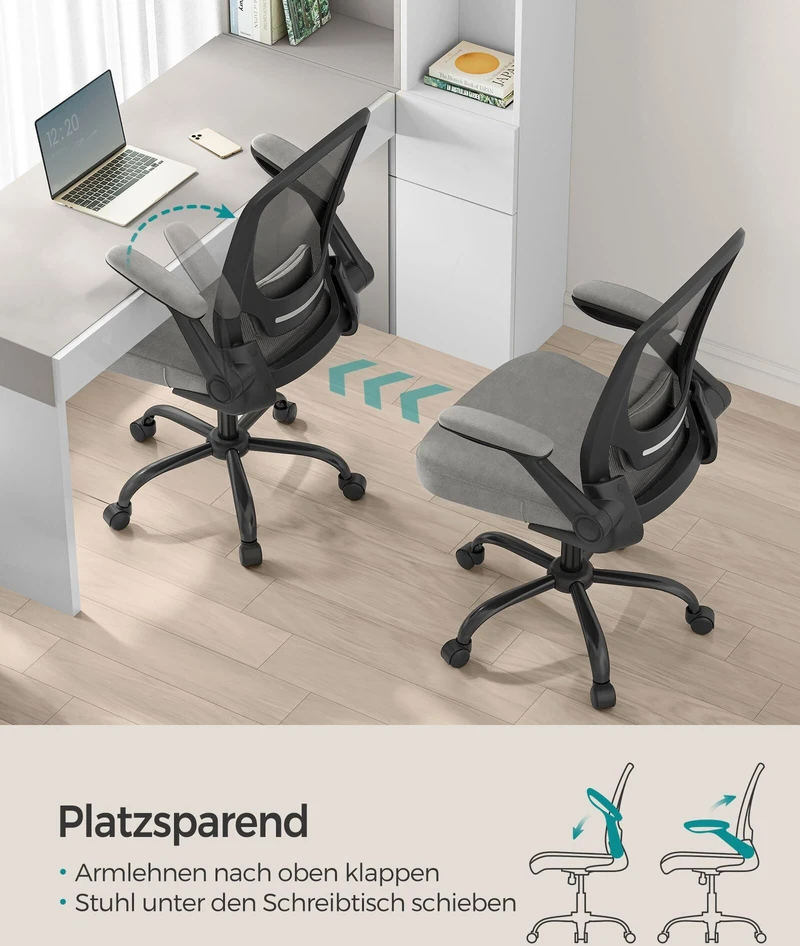 Songmics Biuro kėdė su ergonomine supimo funkcija, porankiais, balandiškai pilka