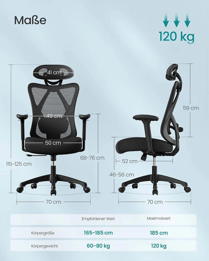 Songmics Biuro kėdė, kurios keliamoji galia iki 150 kg, juoda