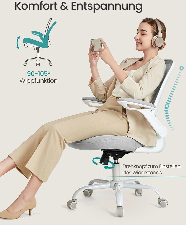 Songmics Ergonomiška biuro kėdė su tinkleliu ir 53 cm sėdyne šviesiai pilka