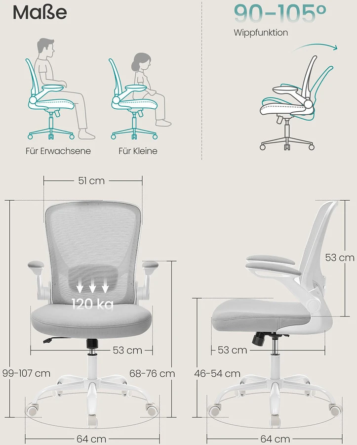 Songmics Ergonomiška biuro kėdė su tinkleliu ir 53 cm sėdyne šviesiai pilka