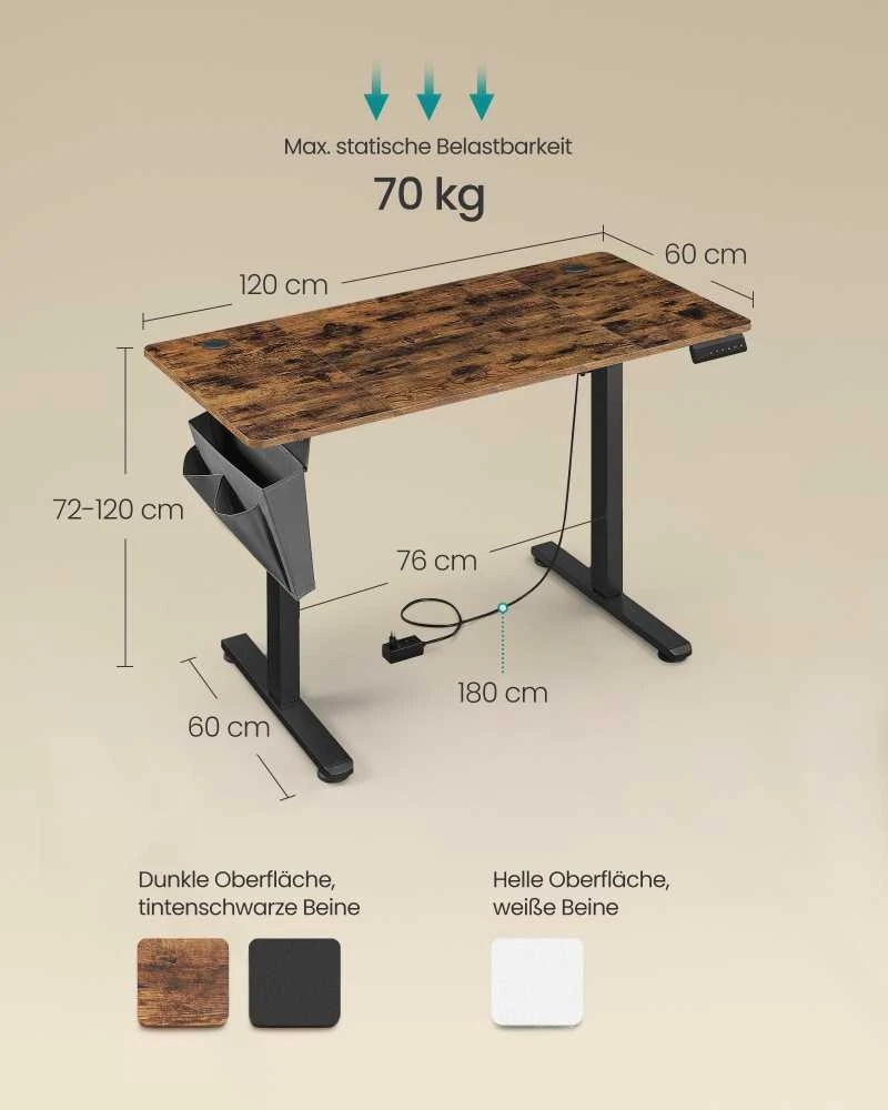 Songmics Reguliuojamo aukščio elektrinis stalas 60 x 120 x (72-120) cm