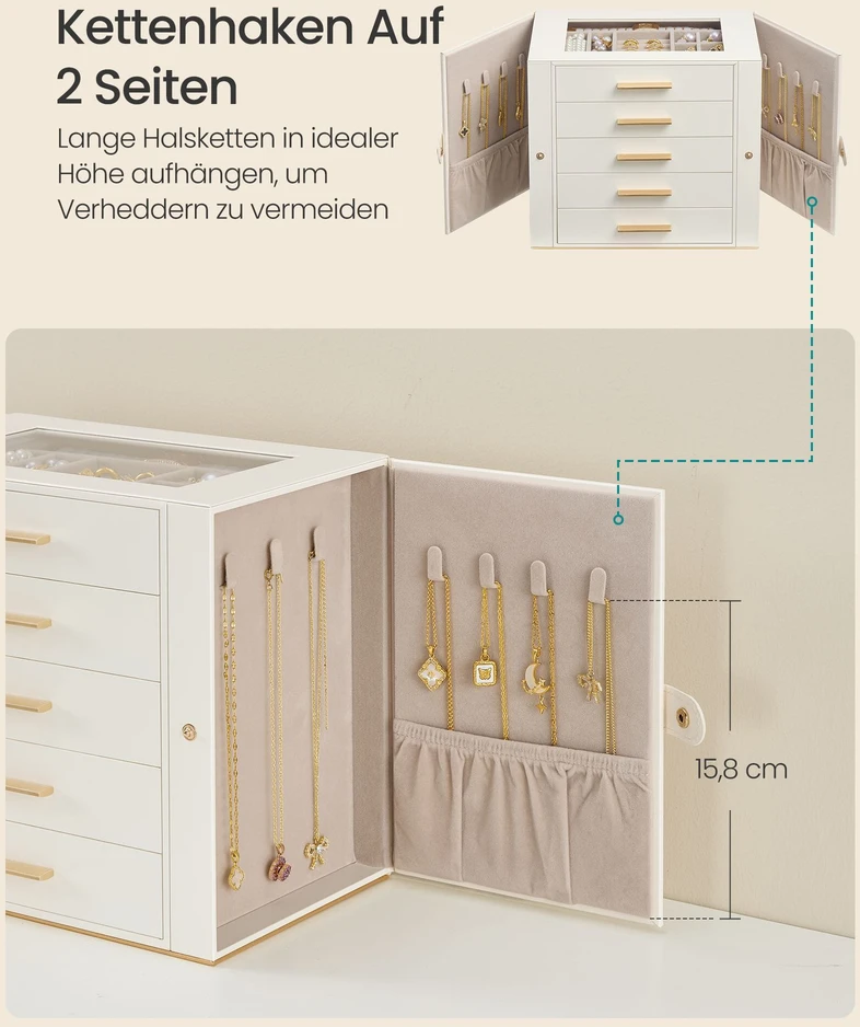 Songmics Papuošalų dėžutė su stikliniu dangteliu ir kaklo papuošalų laikikliu, kreminė balta ir šviesiai ruda, 26,1 × 15,6 × 22,2 cm