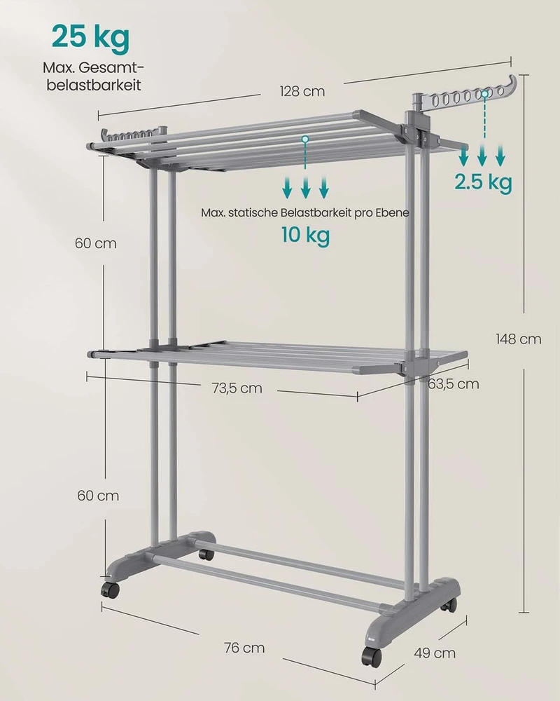 Songmics Skalbinių džiovyklė su 3 lygiais 63,5 x 128 x 148 cm pilka