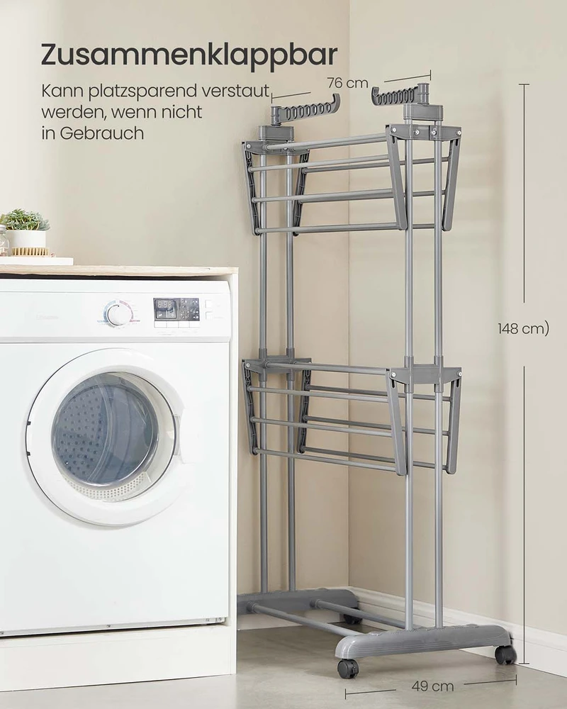 Songmics Skalbinių džiovyklė su 3 lygiais 63,5 x 128 x 148 cm pilka
