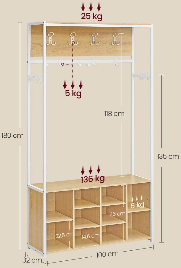 Songmics Drabužių kabykla su batų lentyna ir atviromis lentynomis, aukso ąžuolo spalvos ir balta, 32 × 100 × 180 cm