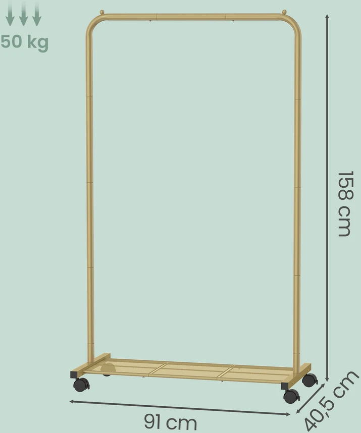 Songmics Drabužių stovas su lentyna 40,5 x 91 x 158 cm, auksinės spalvos