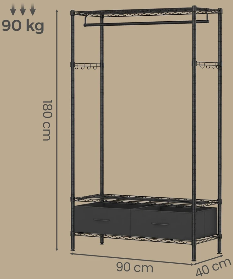 Songmics Drabužių kabykla su lentynomis 40x90x180 cm juoda