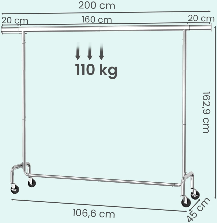 Songmics Drabužių stovas su ratukais, ištraukiama drabužių pakaba, atlaiko iki 110 kg