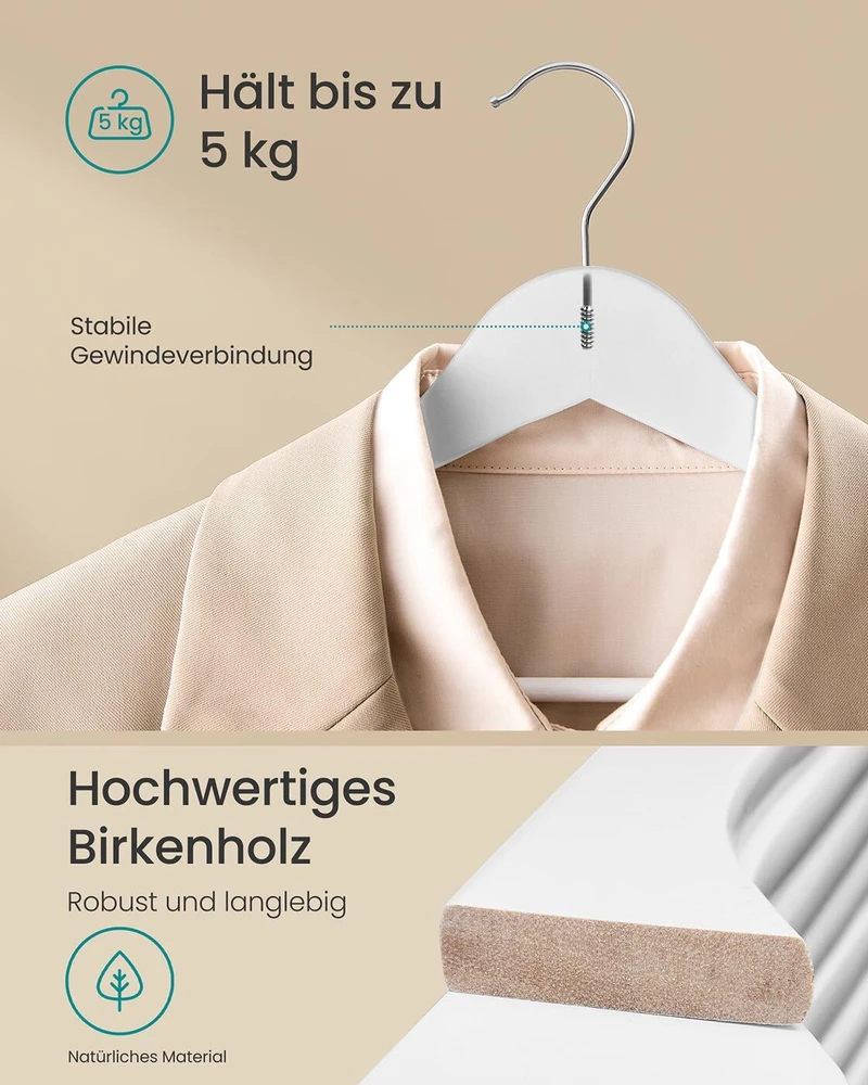 SONGMICS medinių pakabų 30 vnt. rinkinys su 360° pasukamais kabliais, debesų baltumo spalvos