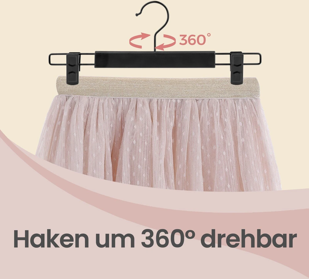 SONGMICS kelnių pakabos, 12 vnt. rinkinys, pakabos, didelės apkrovos, su spaustukais, sijonų pakabos iš aukščiausios kokybės plastiko, taupios vietą, 360° pasukamas kabliukas, 35 cm ilgio, juodos spalvos