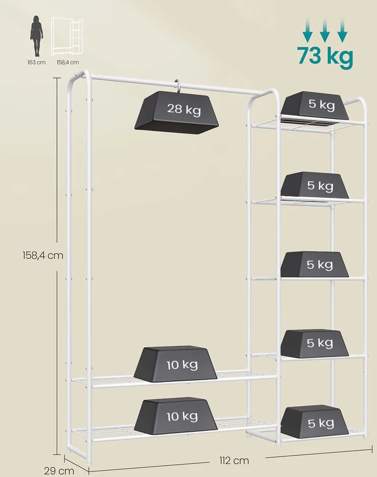 SONGMICS metalinis drabužių stovas 29 x 112 x 158,4 cm su lentynomis, matinis baltas