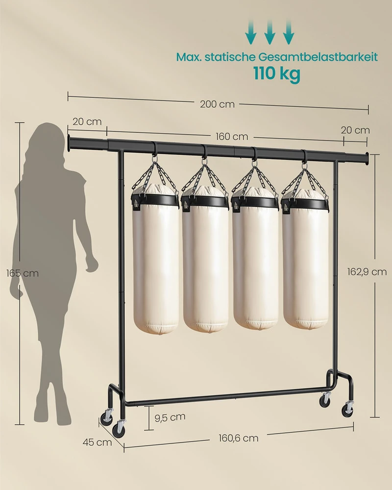 Songmics Drabužių lentyna ant ratukų 45 x (160-200) x 162,9 cm matinė juoda