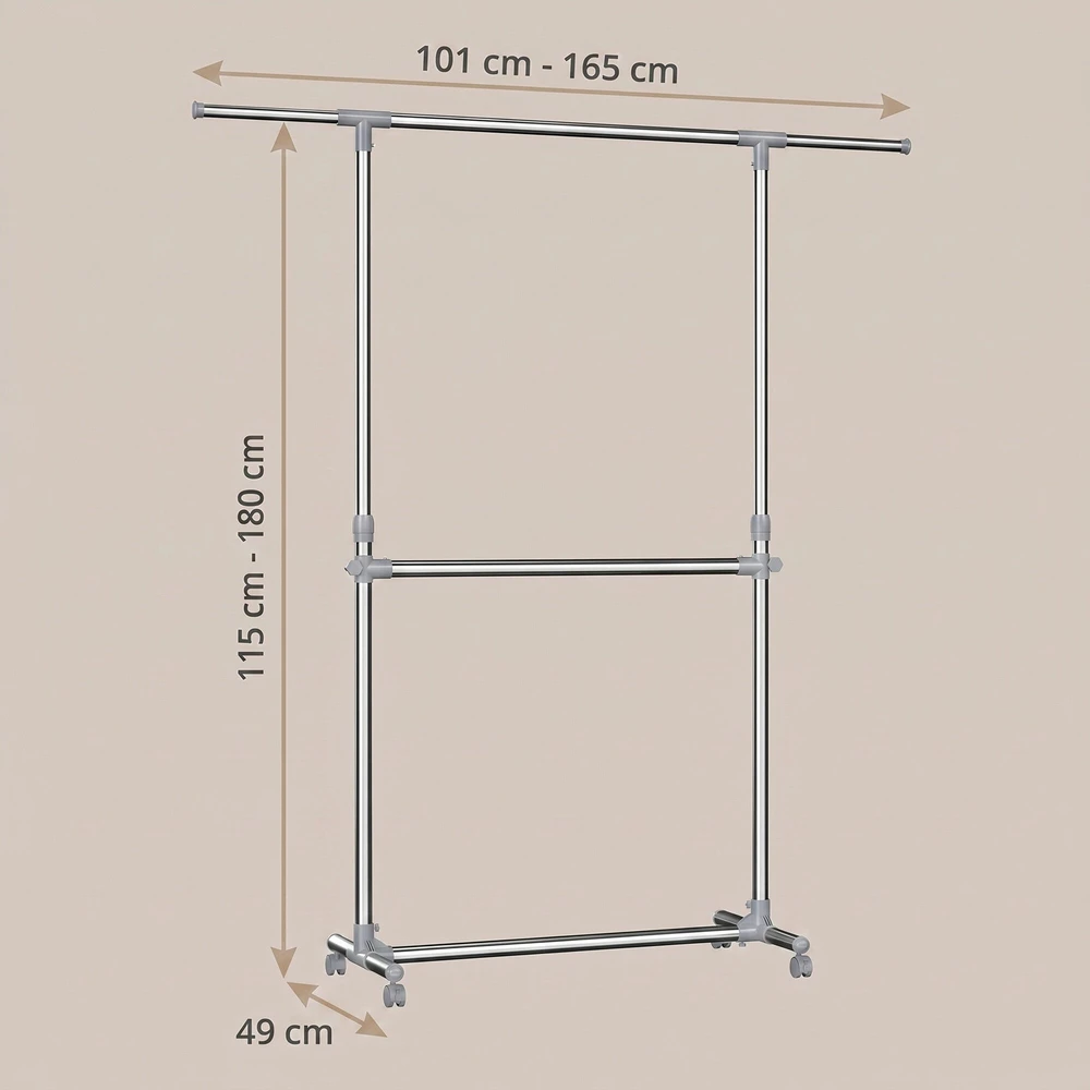 Songmics Drabužių stovas su ratukais, reguliuojamas aukštis 113–198 cm, sidabrinis-pilkas