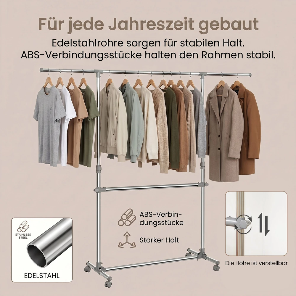 Songmics Drabužių stovas su ratukais, reguliuojamas aukštis 113–198 cm, sidabrinis-pilkas