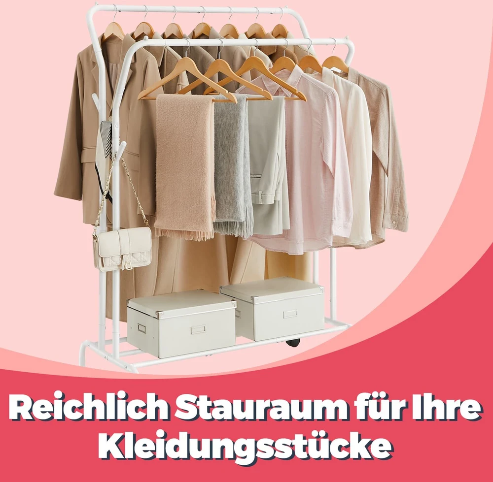 SONGMICS drabužių stovas su ratukais, 2 drabužių strypai, drabužių kabykla
