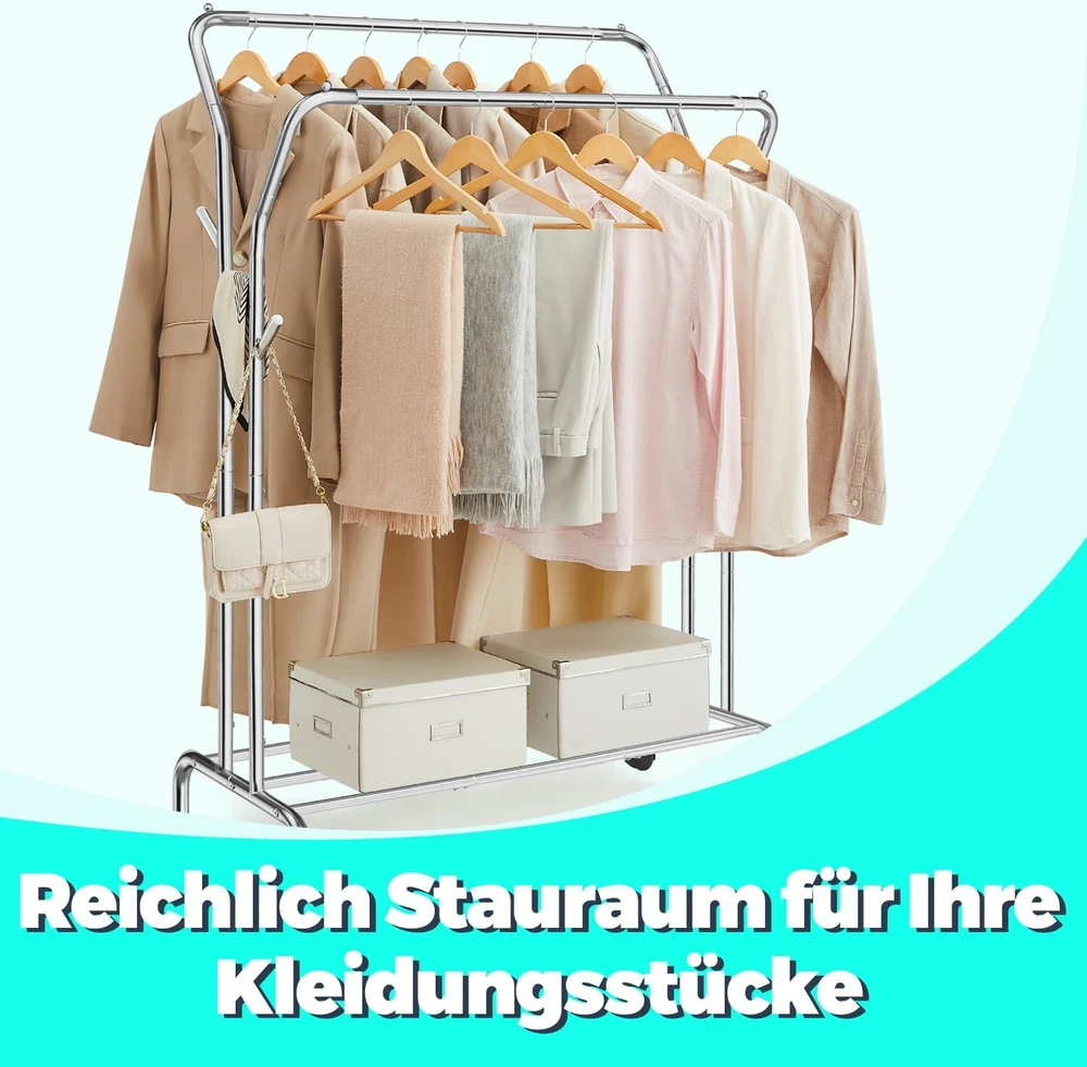 SONGMICS drabužių stovas su ratukais, 2 drabužių strypai, drabužių kabykla