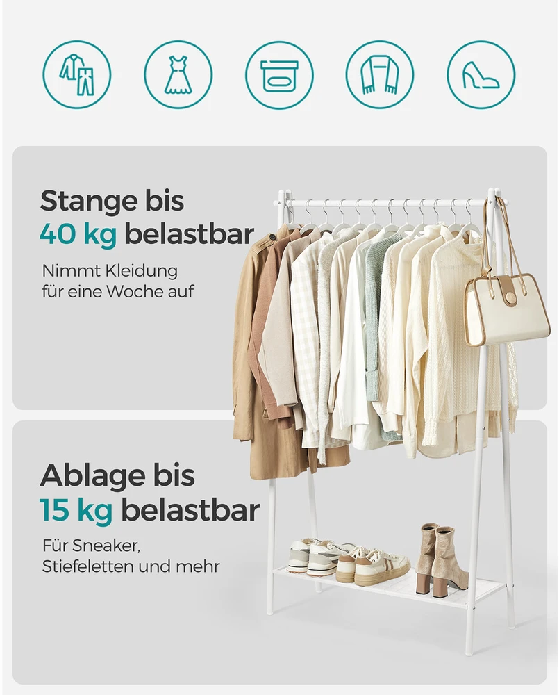 Songmics Plieninė drabužių lentyna su lentynomis, balta