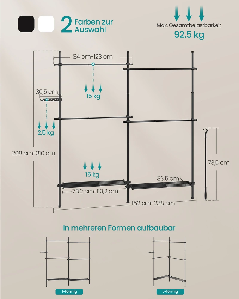 Songmics Drabužių lentyna 33,5 x (162-238) x (208-310) cm matinė juoda