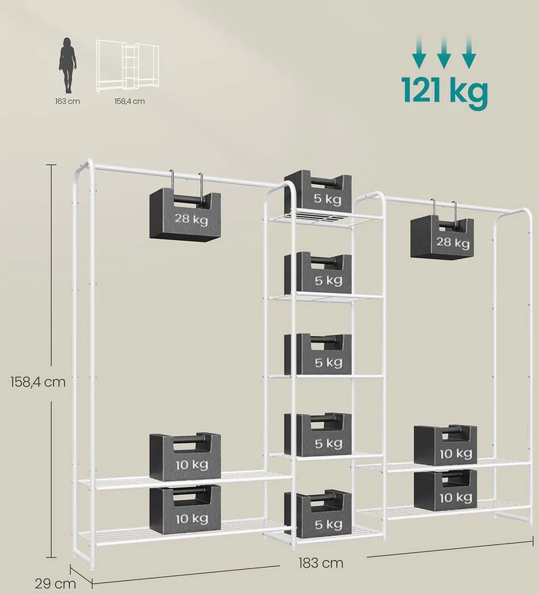 SONGMICS metalinis drabužių stovas 29 x 183 x 158,4 cm su lentynomis, matinis baltas