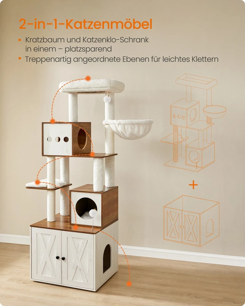 Songmics Kačių draskyklė su tualeto spintele, 180 cm, medaus ruda
