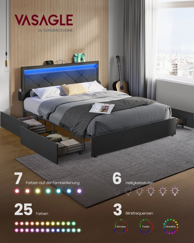Vasagle Songmics Dvivietės lovos rėmas 140 x 200 cm čiužiniui su skalūno pilkos spalvos galvūgaliu