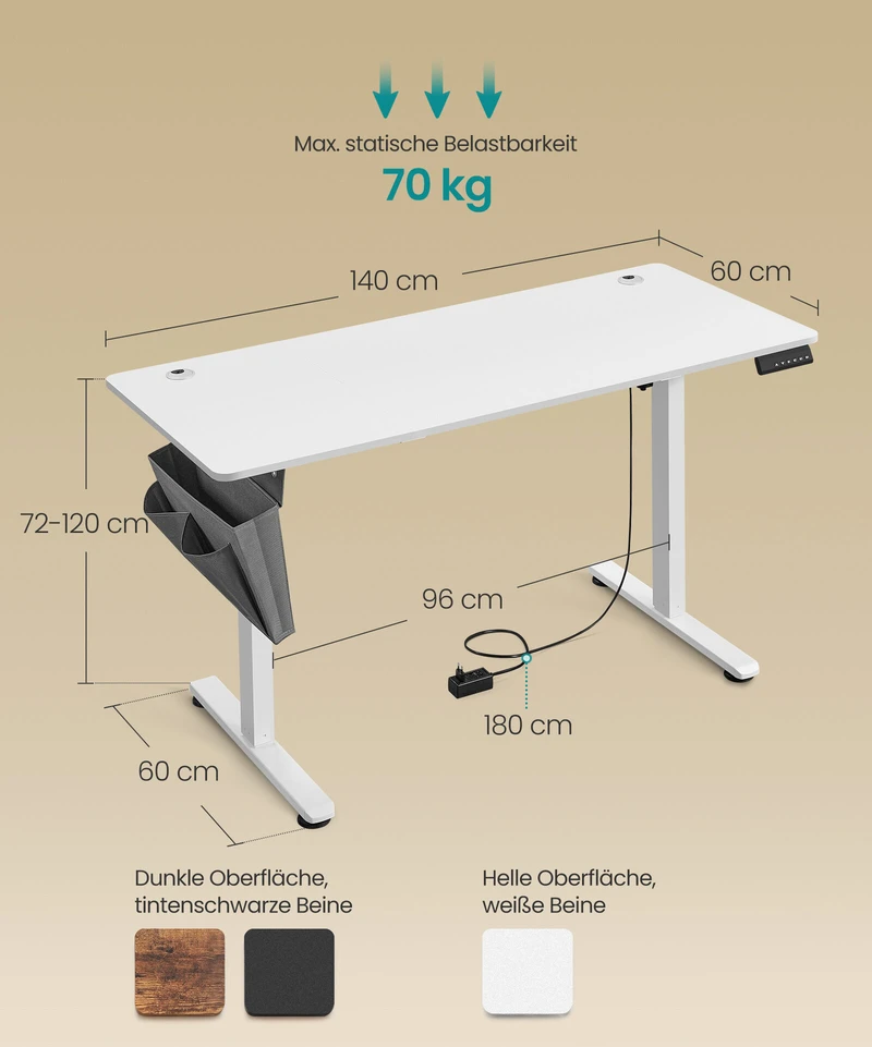 Songmics Reguliuojamo aukščio elektrinis stalas 60 x 140 x (72-120) cm