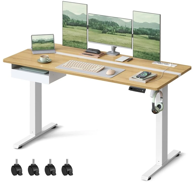 Songmics Vasagle Rašomasis stalas su kištukiniais lizdais ir stalčiumi 60 x 140 cm