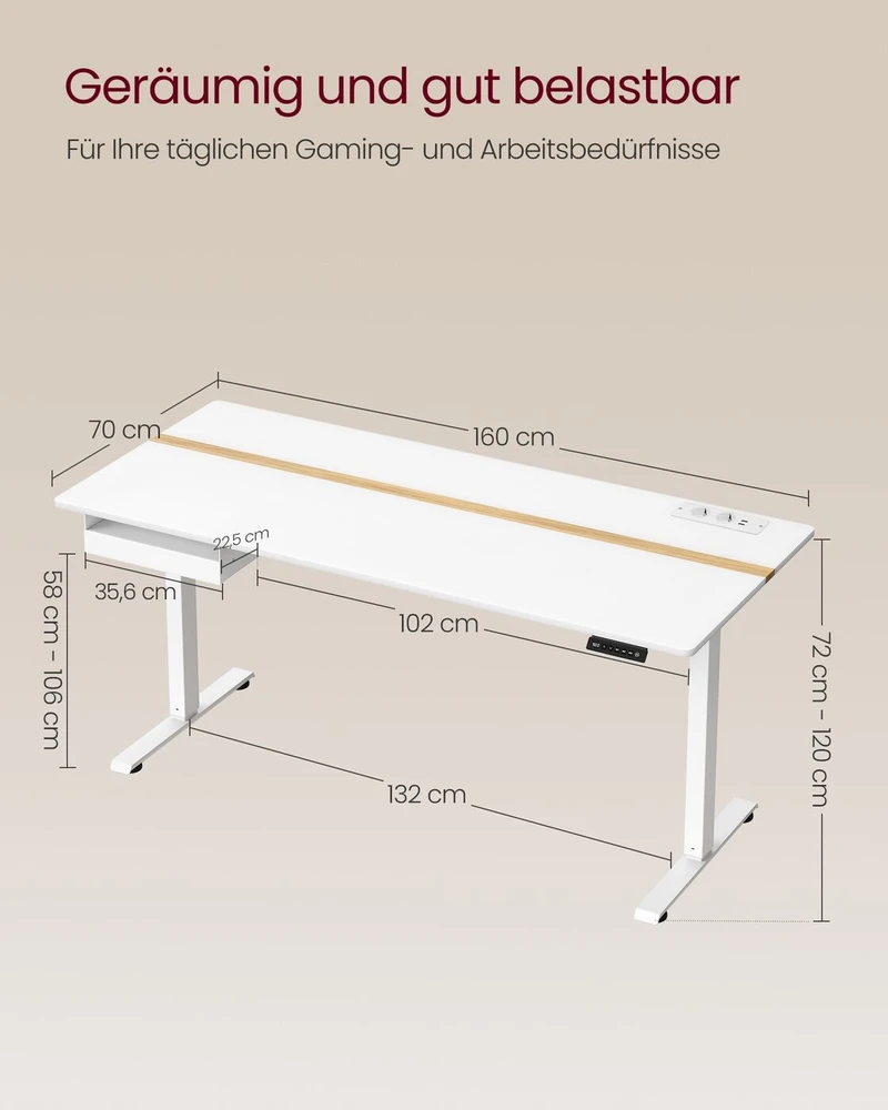 Songmics Vasagle Rašomasis stalas su kištukiniais lizdais ir stalčiumi 70 x 160 cm debesų balto auksinio ąžuolo spalvos